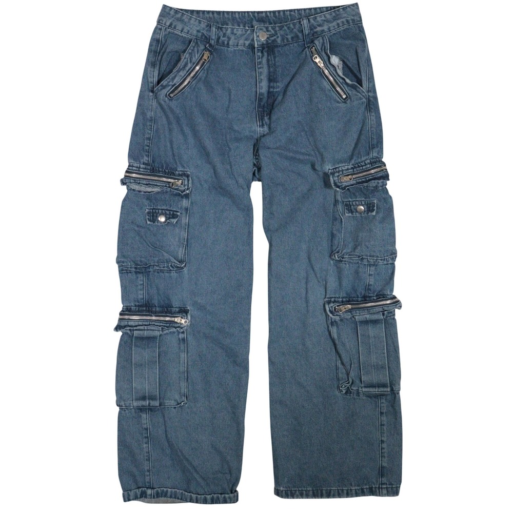 Y2K Riley & James Cargo Jeans Pockets Utility Paratrooper Blue Denim Women L